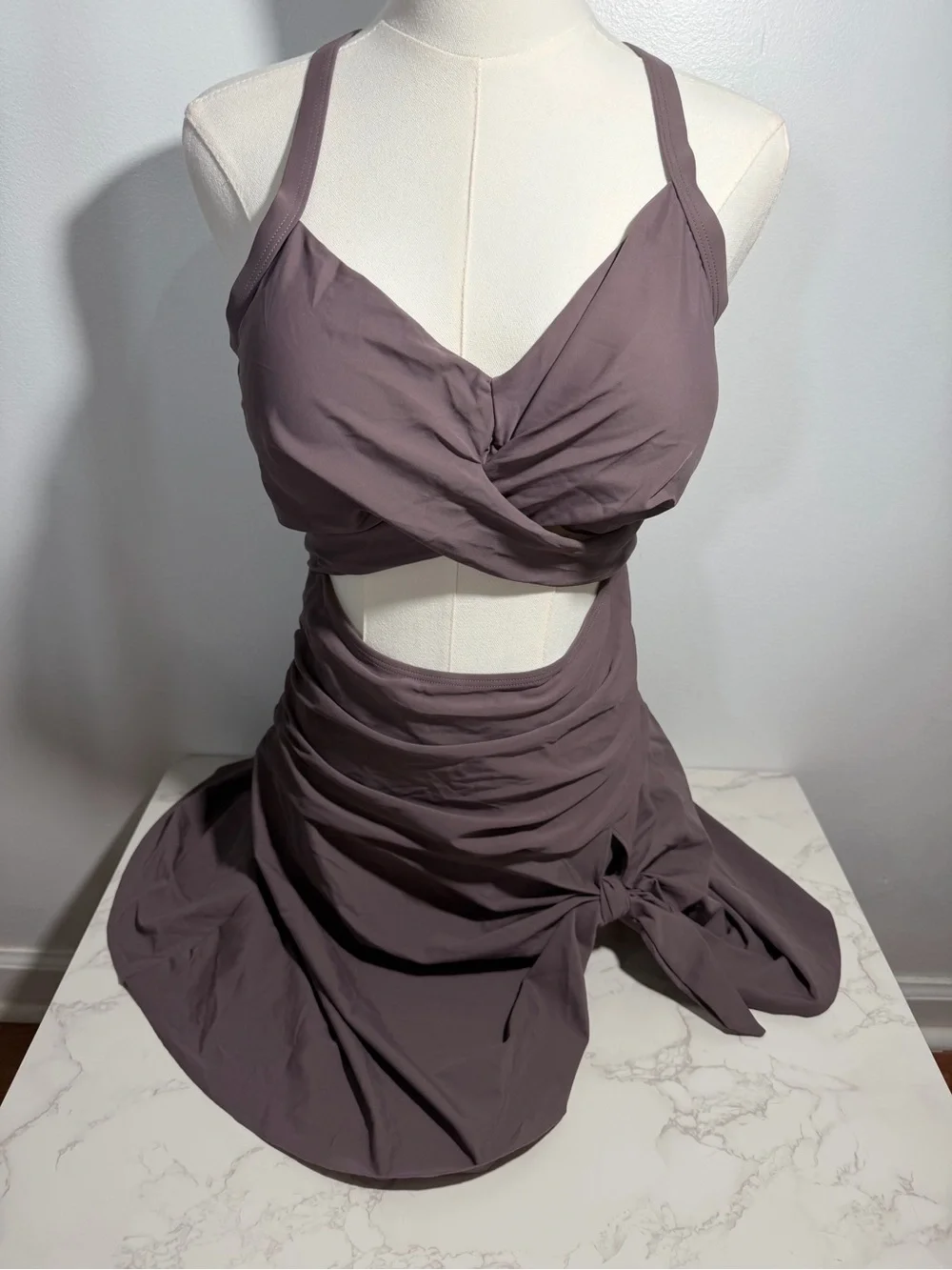 NWOT Zaful Lavender Gray Twist Front Cutout Swim Dress -- XL